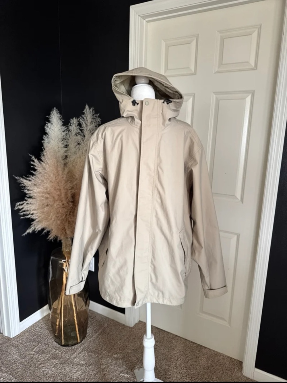 L.L. Bean Men’s Hooded Trench Rain Jacket Coat Khaki Tan Vintage size XL Tall